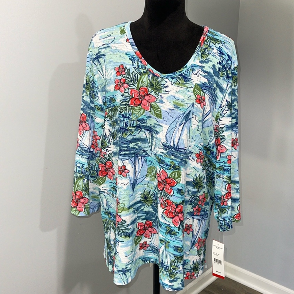 Rebecca Malone plus size 1X tropical theme shirt stretchy NEW